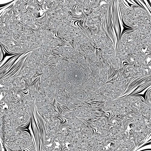 Intricate Black and White Fractal Spiral with Organic, Swirling Patterns and Central Focal Point.
