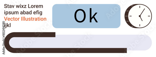Time tracking, progress monitoring, user interface design, technology, digital workflow, productivity. A clock, a progress bar and an OK label on a plain background. Time tracking and progress