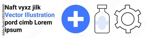 Blue cross, medicine bottle, and gear icon underline connection between healthcare, treatment, and innovation. Ideal for health technology, medical services, pharmaceuticals, innovation diagnostics