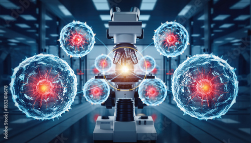 Advanced Molecular Biology Research, Microscopic Examination of Genetic Cells in a High-Tech Laboratory Setting