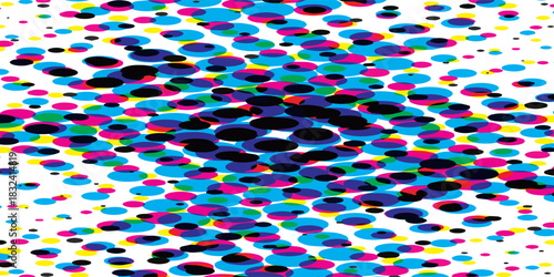 Vibrant CMYK Halftone Pattern with Overlapping Circles and Black Accents.