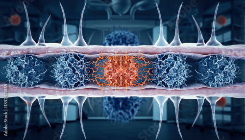Microscopic View of Complex Cellular Structures in a Biological Vessel, Illustrating Molecular Research and Genetic Analysis