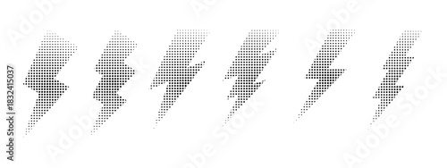 Set of black thunderbolt shapes with halftone, noise or grainy texture isolated on white background. Dotted lightning silhouettes in manga style. Vector graphic illustrations.