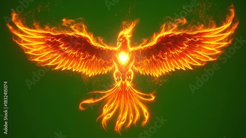 Animated flaming phoenix spreading its wings, a magical bird of fire. Burning legend effect on green screen for chromakey.