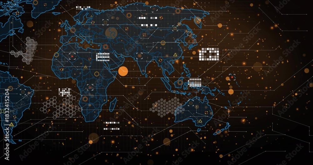 Obraz premium Displaying stylized world map on dashboard with hex clusters, data blocks, thin lines, orange nodes
