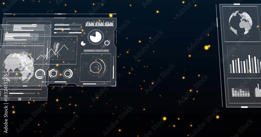 Obraz premium Displaying left HUD cluster showing 3D globe, charts, gauges, starfield particles, copy space