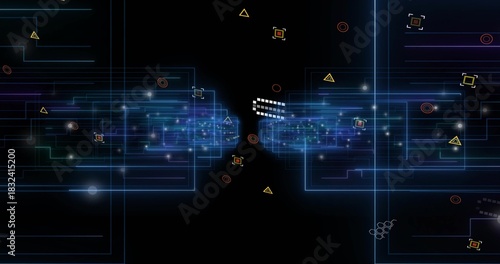 Displaying two luminous data clusters sending via white pixel bridge across cyber grid, neon frames