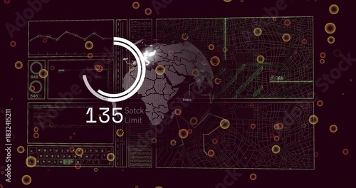 Showing dotted globe labeled India with circular ring showing 135 Sotck Limit on maroon UI, maps
