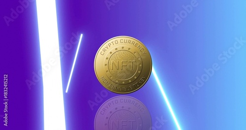 Floating gold NFT coin hovering above mirrored surface with vertical white beam and cyan streak