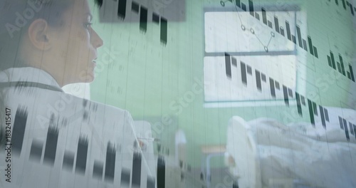 Checking doctor reviewing bed in ward, wearing white lab coat and stethoscope, overlay, copy space