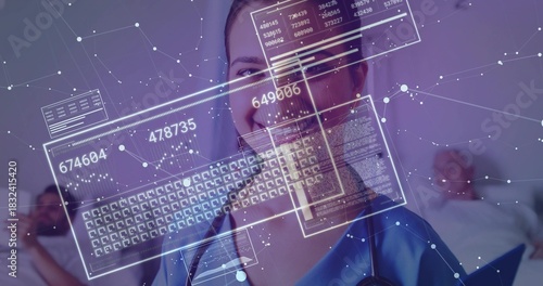 Smiling Indian clinician wearing blue scrubs and stethoscope viewing AR data panels over ward beds