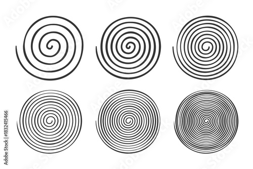 Doodle spiral shapes isolated on white background. Hypnotic psychedelic signs. Whirlpool, dizzy, hurricane or swirl symbols. Vector graphic illustration.