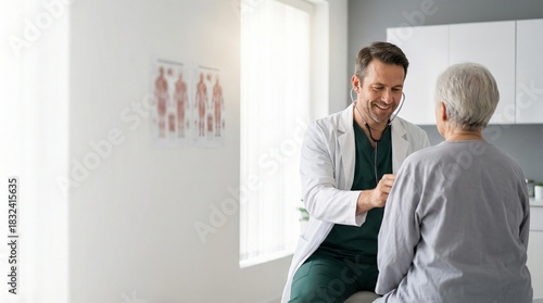Smiling medical professional examining elderly female patient with stethoscope