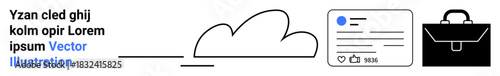 Cloud storage, digital profiles, business management, data security, technology, remote work. A cloud, a user profile layout and a briefcase icon. Cloud storage and digital profiles concepts