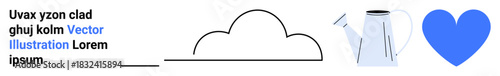 Gardening, love, sustainability, climate concepts, growth, care. Minimalist graphic of a cloud, watering can and heart. Gardening and love concepts with nature and care elements