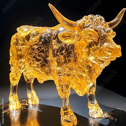 Golden amber glass bull sculpture illuminated from within Image