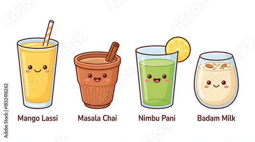 Cute Kawaii Indian Drinks Mango Lassi, Masala Chai, Nimbu Pani and Badam Milk.