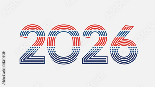 Stylized 2026 text design featuring red, white, and blue for commemorative visual project