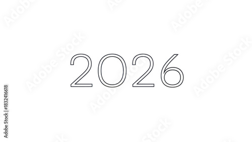 Minimalist depiction of the year 2026, presented as clean line art on a pristine white canvas