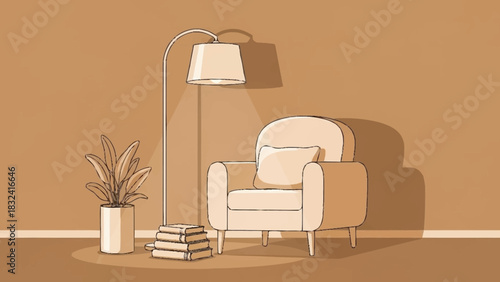 Cozy Reading Corner Illustration Armchair, Floor Lamp, and Plant for Relaxation and Home Decor