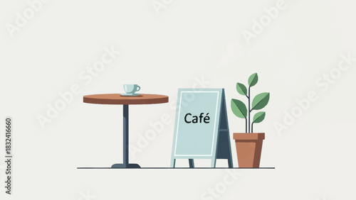 Clean and modern flat design vector illustration depicting a tranquil outdoor cafe scene with a small table, coffee cup, 'Café' sign, and vibrant potted plant, ideal for digital projects