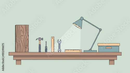 Workshop table with a collection of handyman tools for do-it-yourself projects and home repairs, illuminated by a desk lamp