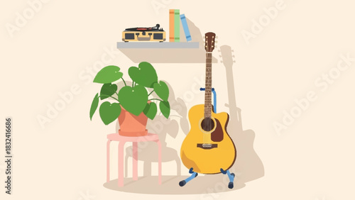 Cozy corner with an acoustic guitar, houseplant, and vintage stereo system on a shelf