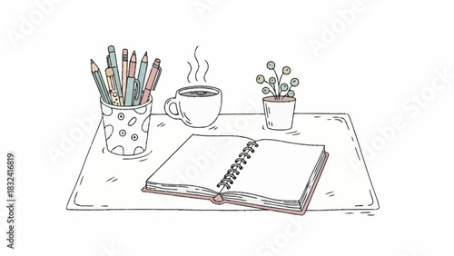 A cozy and creative workspace illustration with an open journal, a steaming cup of coffee, and stationery. Minimalist hand-drawn desk scene