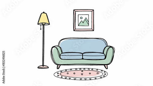 Charming hand-drawn illustration of a minimalist living room setup, featuring a pastel sofa, stylish floor lamp, and framed artwork for inviting home decor designs