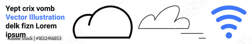 Cloud computing, wireless technology, internet data sharing, connectivity, tech services, digital storage. Simplified cloud shapes and wireless signal icon. Cloud computing and wireless technology