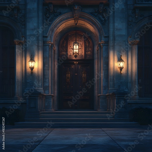 Imposing Entrance of a Stone Building at Night architecture Image