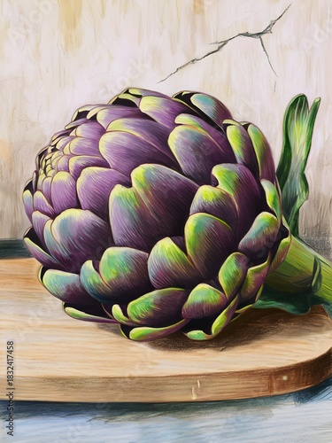 Vibrant Artichoke Resting on a Wooden Cutting Board Against a Cracked Wall