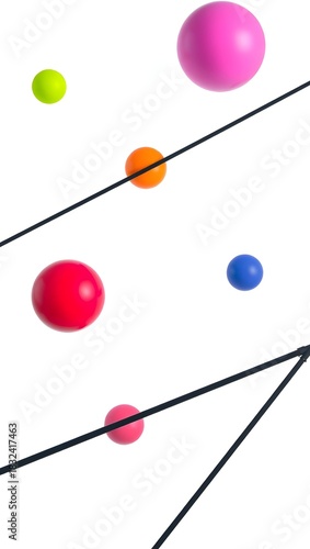 Colorful Spheres and Geometric Lines Create a Playful Abstract Scene in a Bright Space