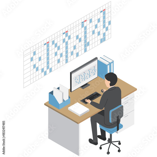 シフトを作成する男性会社員・アイソメトリック