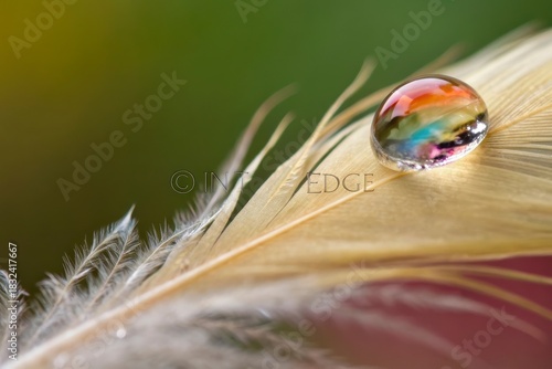 A colorful water droplet resting on a delicate feather