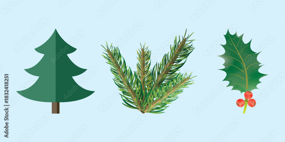 Fototapeta premium Winter nature trio with stylized tree, realistic pine needles, and holly leaf with berries
