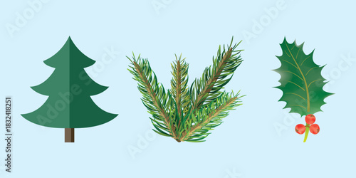 Winter nature trio with stylized tree, realistic pine needles, and holly leaf with berries