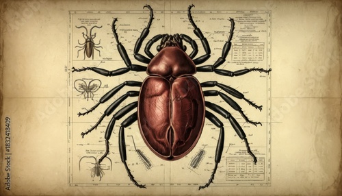 Detailed Antique Engraving of a Large Reddish-Brown Beetle Specimen