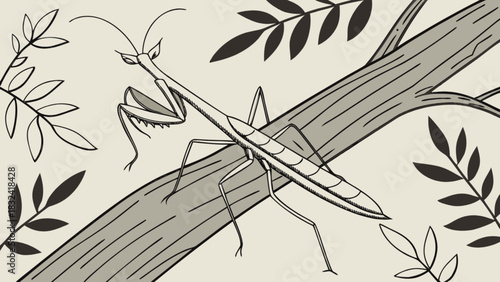 Illustration of a praying mantis perched on a branch surrounded by leaves in a nature scene style art