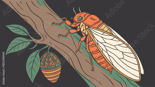 Illustration of a cicada perched on a tree branch with leaves and a cicada shell hanging down below