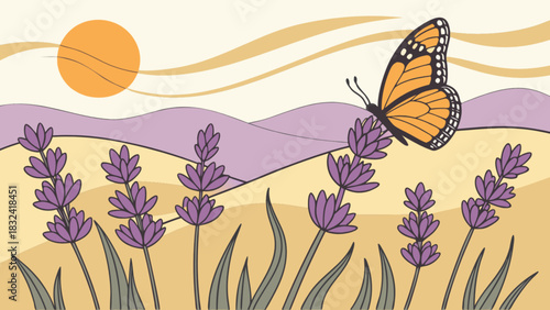 A monarch butterfly perched on lavender flowers in a field with a sun and rolling hills view