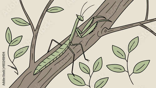 Illustration of a praying mantis perched on a tree branch surrounded by green leaves and twigs art