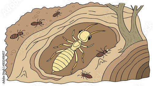 Illustration of a termite queen inside a nest with several smaller ants surrounding her in the dirt