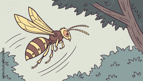 Illustration of a wasp flying near a tree with green foliage and a light background in cartoon style