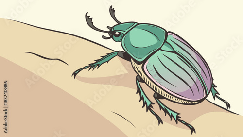 A green iridescent beetle with purple accents crawling on a tan surface with dark lines drawn on it