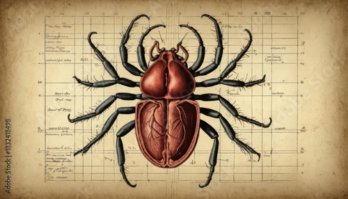 Detailed Antique Blueprint Style Drawing of a Unique Eight-Legged Arthropod