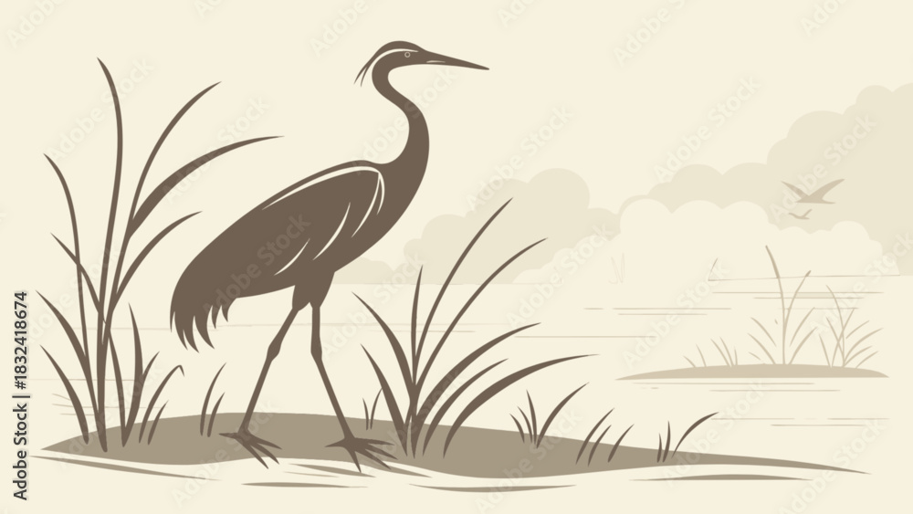 Fototapeta premium Illustration of a heron standing in tall grass near a body of water with birds in the distance