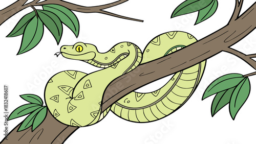 A cartoon snake coiled on a tree branch with green leaves and a white background in a simple drawing style