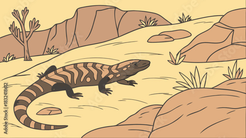 Illustration of a gila monster in a desert landscape with rocks and sparse vegetation in light brown tones