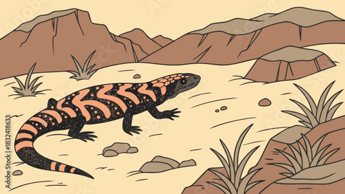 Illustration of a gila monster in a desert landscape with mountains and sparse vegetation visible